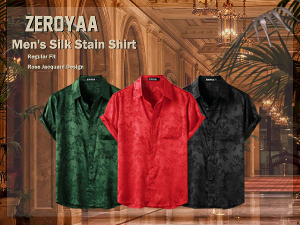 mens silk satin short sleeve button down red green