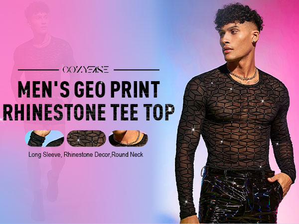 Geo Print Rhinestone Tee Top Long Sleeve Slim Fit Flocking T Shirt