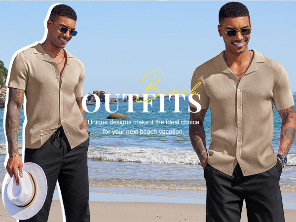 COOFADY Men''s Knit Button Down Shirts Casual Cuban Collar Shirt Summer Tops