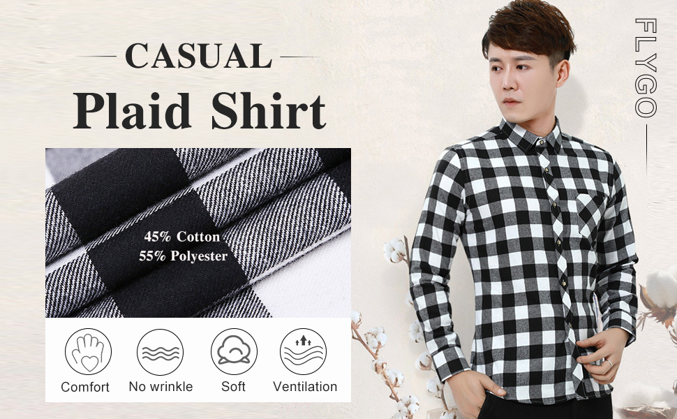 Flygo Men''s Casual Long Sleeve Button Down Plaid Shirt