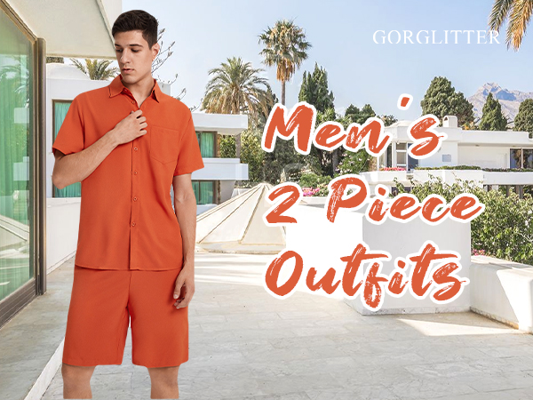 GORGLITTER Men''s 2 Piece Outfits Short Sleeve Pocket Button Down Shirt and Drawstring Shorts Set