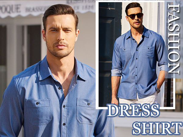 COOFANDY Men Untucked Chambray Shirt Regular Fit Button Up Long Sleeve Dress Shirt