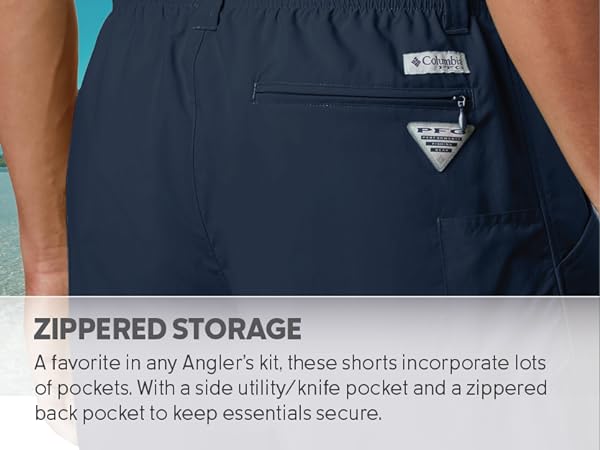 Fishing shorts with zippered pockets