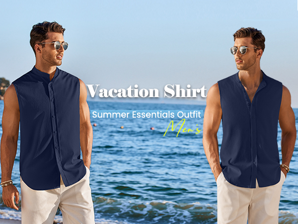 sleeveless button up tops for men