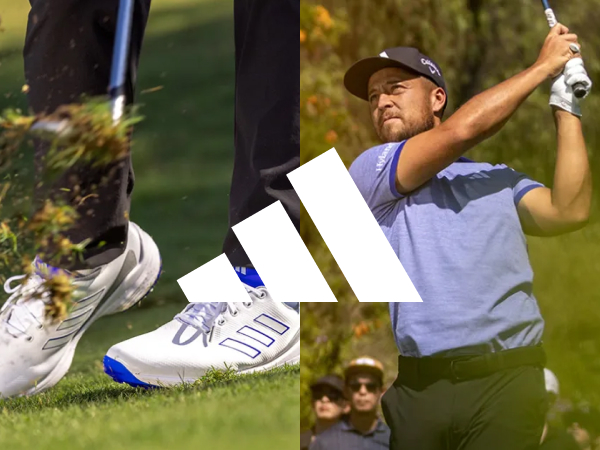 Photo montage of golfer and adidas golf shoes