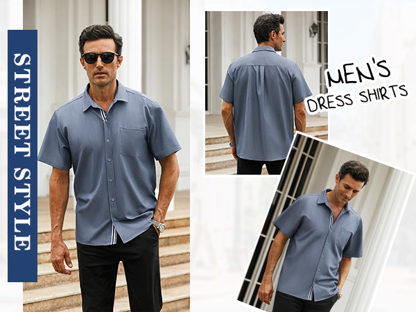 Men''s Button Down Shirts Short Sleeve Casual Dress Shirts Denim Stretch T-Shirts