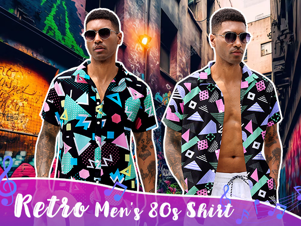 ALISISTER 80S Outfit for Men 90S Shirt Button Down Dress Shirts Hip Hop Vintage Disco Line Tops