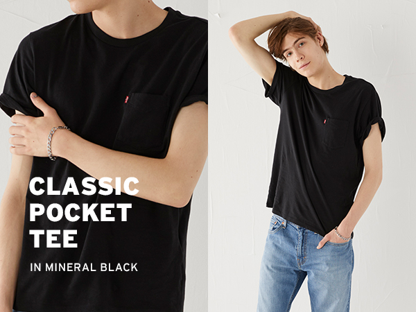 model wearing classic pocket tee in black