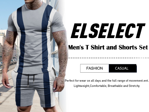 Elselect Mens T-Shirt and Shorts Set 2 Piece Outfit Fashion Summer