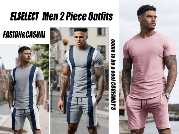 Mens 2-piece Outfits sets, fashionable round neck, short sleeves and shorts, solid color