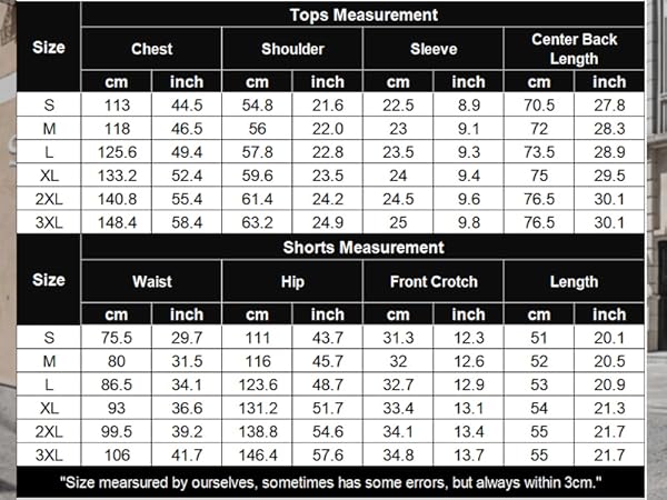 Mens 2 Piece Outfits T-Shirt &amp; Shorts Set Size Chart