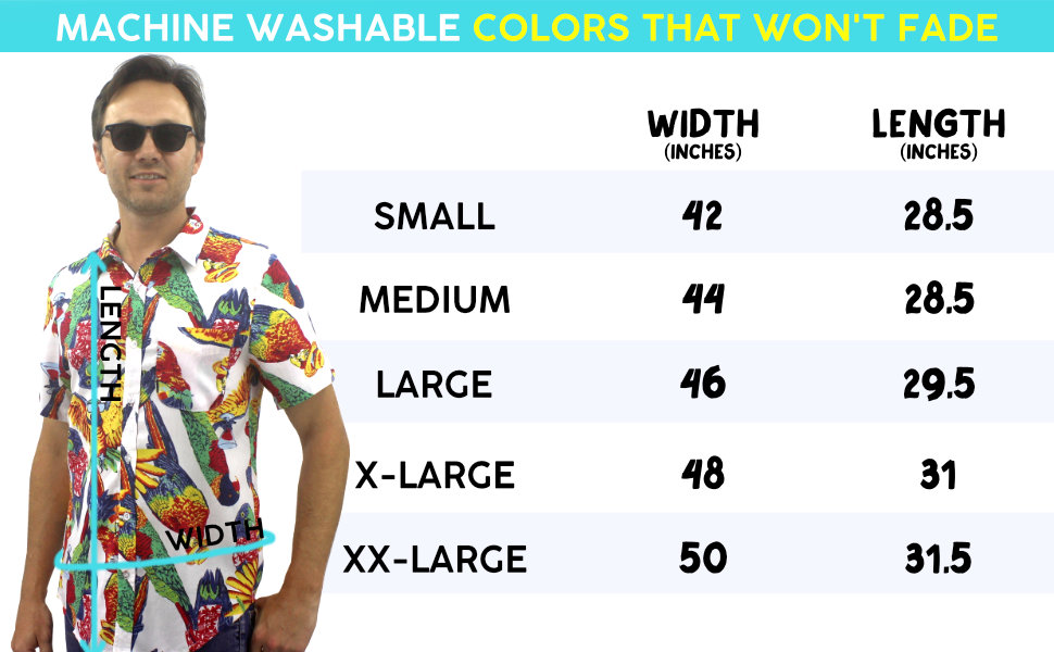 ROCK ATOLL Men''s Colorful Lightweight Cotton Button-Up Short-Sleeve Shirts Size Chart Sizing Info