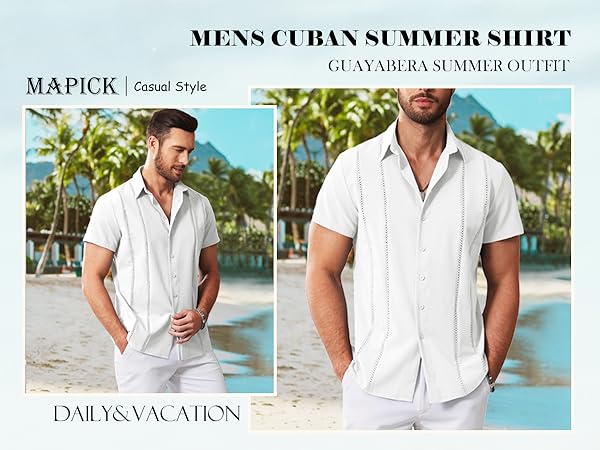 Men Cuban Linen Summer Short Sleeve Button Down Shirt