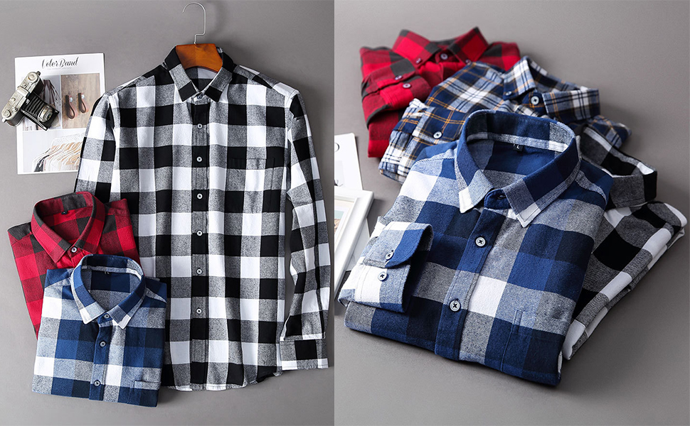 Men Dress Buffalo Plaid Checkered Fitted button down slim fit Long Sleeve Flannel Shirt checked warm