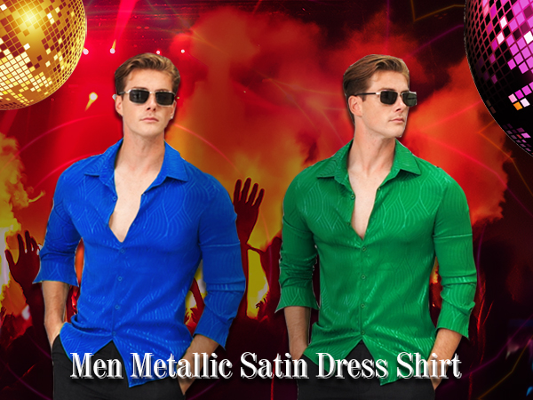 Men Metallic Satin Dress Shirt Luxury Jacquard Long Sleeve Casual Button Down Shirts Silk Shirts