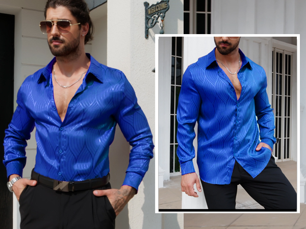 Men Metallic Satin Dress Shirt Luxury Jacquard Long Sleeve Casual Button Down Shirts Silk Shirts