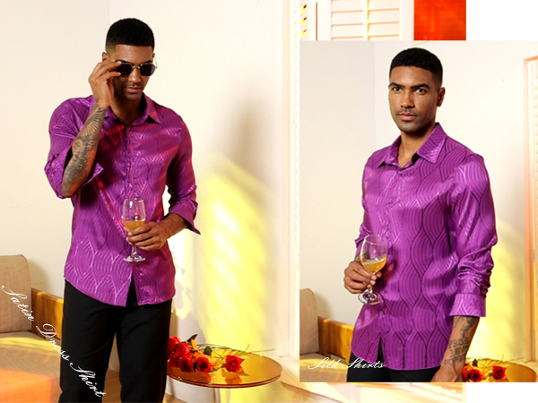 Men Metallic Satin Dress Shirt Luxury Jacquard Long Sleeve Casual Button Down Shirts Silk Shirts