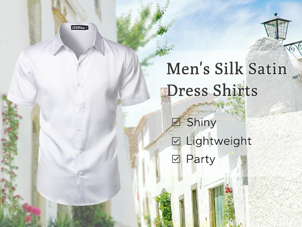 MENS SILK SATIN DRESS SHIRT SHORT SLEEVE