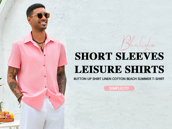 Mens Short Sleeve Button Up Shirts Linen Cotton Beach Tops Spread Collar Plain Summer T Shirt