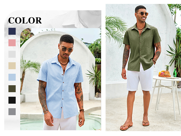 Bbalizko Mens Short Sleeve Button Up Shirts Linen Cotton Beach Tops