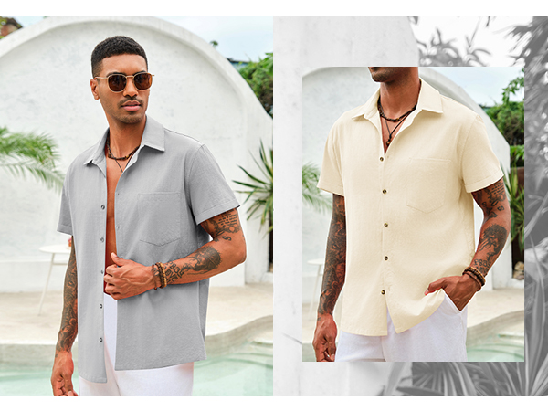 Bbalizko Mens Short Sleeve Button Up Shirts Linen Cotton Beach Tops