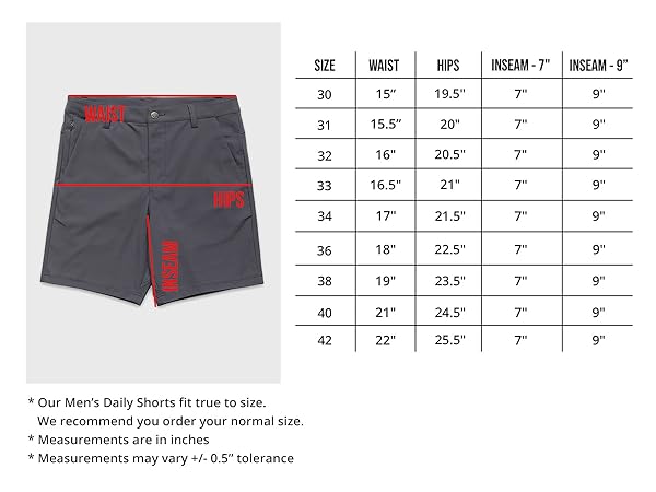 INTO THE AM All Day Shorts Size Chart