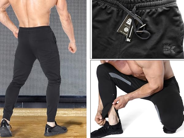 Gym Joggers Pants, Causal Slim fit Tapered Workout Training Sweatpants with Zipper Pocket