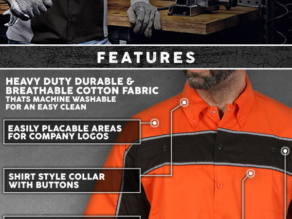 Milwaukee Mens Men Black Grey Orange Button Up Heavy Duty Cotton Poly Work Shirt Classic Mechanic