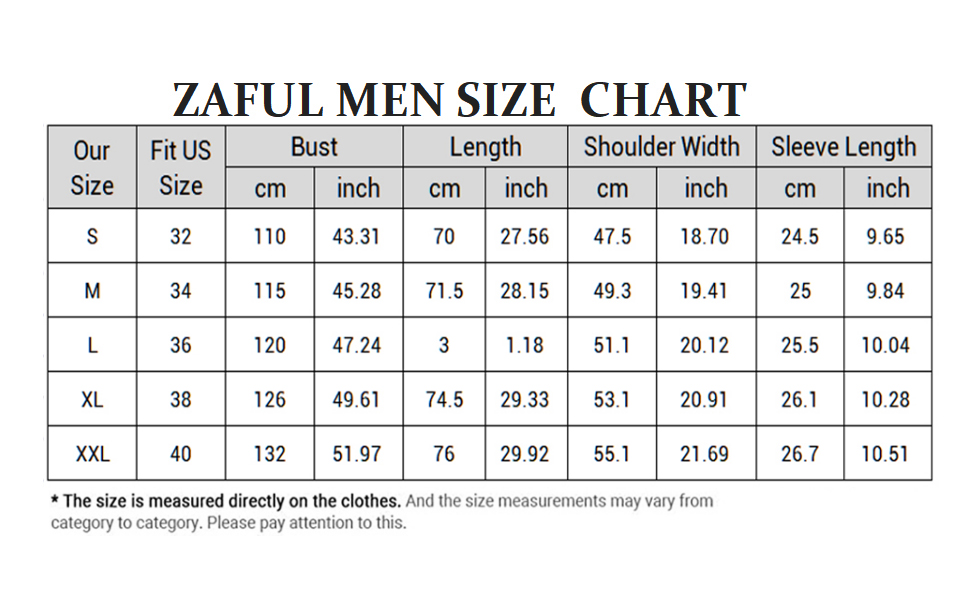 zaful men shirt size chart