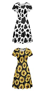 Cute Vintage Flared Cow Sunflower Print Dress For Women