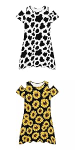 Cute Cold Shoulder Cow Print Sunflower Print Dress