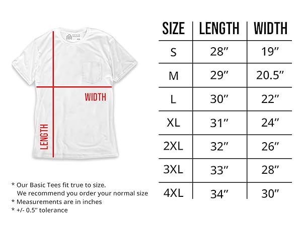 INTO THE AM Pocket T Shirts for Men Size Chart