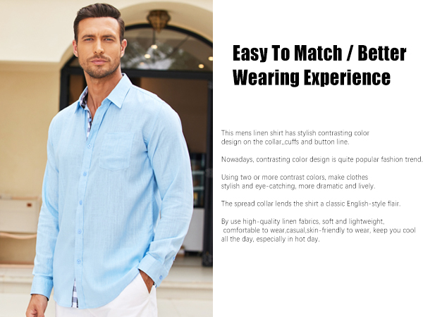 Men''s Casual Linen Dress Shirt Plaid Collar