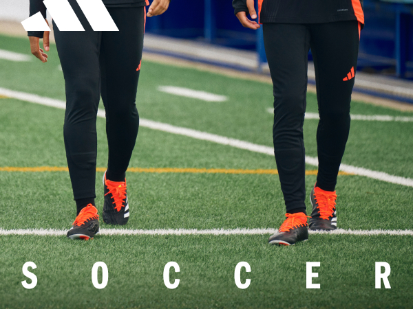 adidas logo next to two models wearing adidas tiro24 warmup gear and soccer cleats on a soccer field