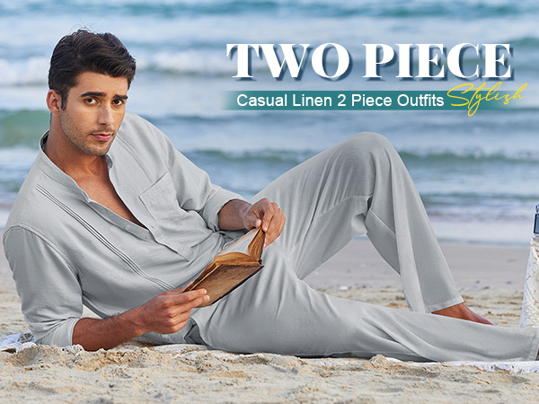 COOFANDY Mens Linen 2 Piece Outfits Summer Beach Wear