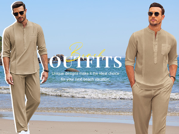 COOFANDY Mens Linen 2 Piece Outfits Summer Beach Wear