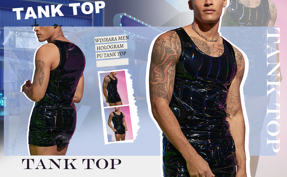 WDIRARA Men Hologram PU Tank Top