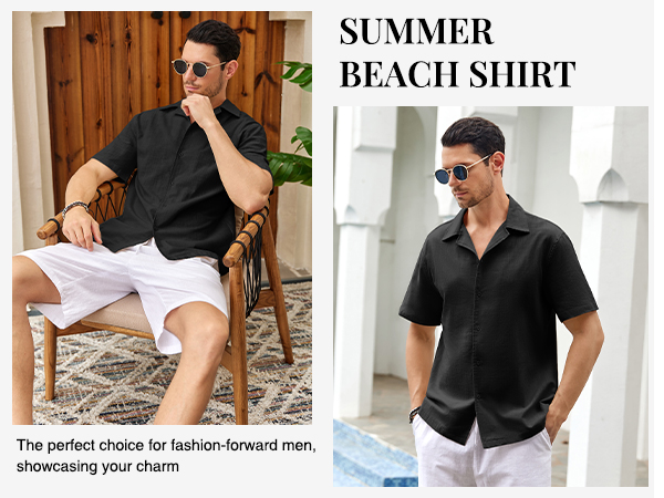 Mens Linen Button Down Shirts Short Sleeve Basic Cuban Regular Fit Wedding Summer Beach Tops