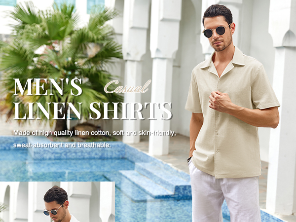 Mens Linen Button Down Shirts Short Sleeve Basic Cuban Regular Fit Wedding Summer Beach Tops