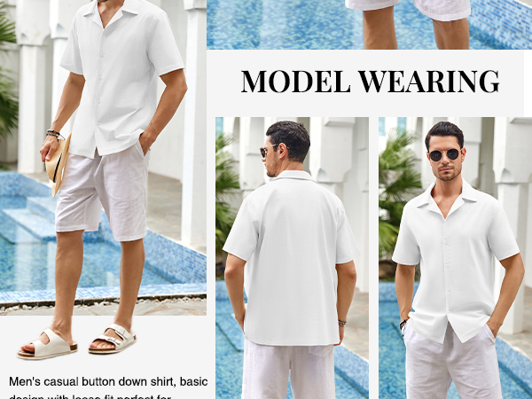 Mens Linen Button Down Shirts Short Sleeve Basic Cuban Regular Fit Wedding Summer Beach Tops