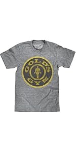 Tee Luv Men&amp;#39;s Retro Gold&amp;#39;s Gym Shirt - Faded Strongman Barbell Logo T-Shirt