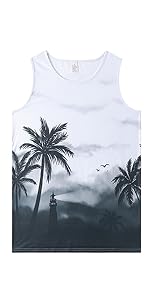 fashion men''s tank top coconut tree pattern T-shirt beach shirt black white gray ink painting style