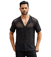 Sheer Floral Shirt Lace Mesh Short Sleeve Button Down Hollow Out Casual Rave Muscle Tops