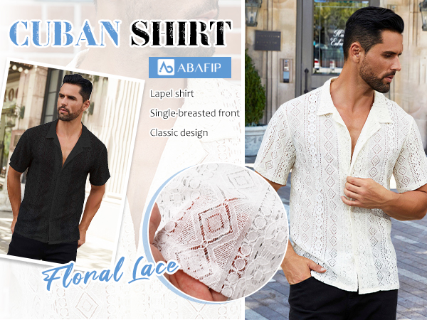 men Floral Lace Shirt Casual Short Sleeve Sheer Beach Shirt Cuban Hollow Mesh Tee Knit Rave Tops