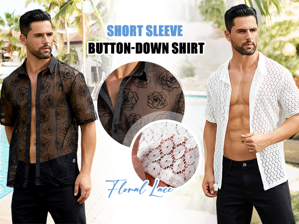 Sheer Floral Shirt Lace Mesh Short Sleeve Button Down Hollow Out Casual Rave Muscle Tops