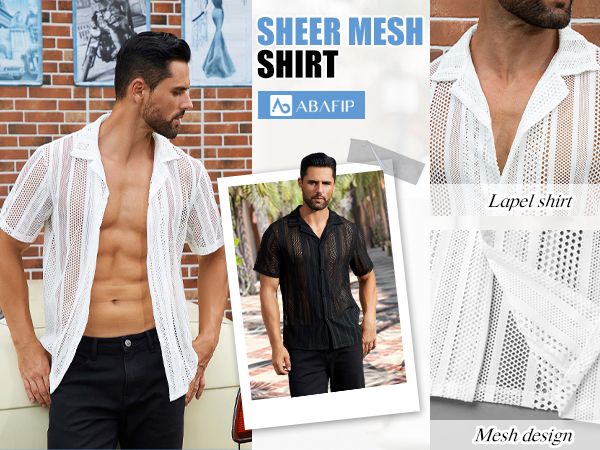  Mesh Shirt Casual Short Sleeve Button Sheer T-shirt Hollow Out Cuban Beach Shirts Rave Tops men