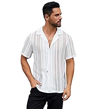 Men''s Mesh Shirt Casual Short Sleeve Button Sheer T-shirt Hollow Out Cuban Beach Shirts Rave Tops