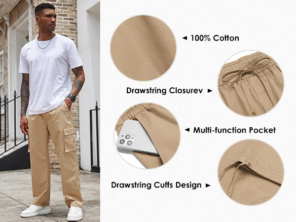 Mens Casual Cargo Pants Elastic Waist Stretch Drawstring