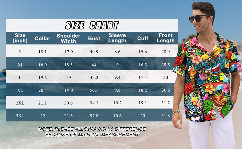 Size Chart for Hawaiian Shirts