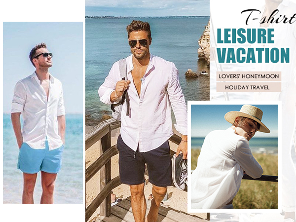 COOFANDY Men Long Sleeve Linen Shirts Holiday Summer Beach Wear Button Down Shirts